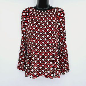 Chicos Top Geometric Patterned Cold Shoulder 1 M 8 Red Black Sheer Raglan Sleeve